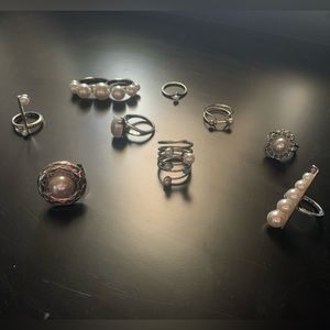 FREE PEOPLE 9 Piece Pearl ring set. Sizes 5-8. Silver